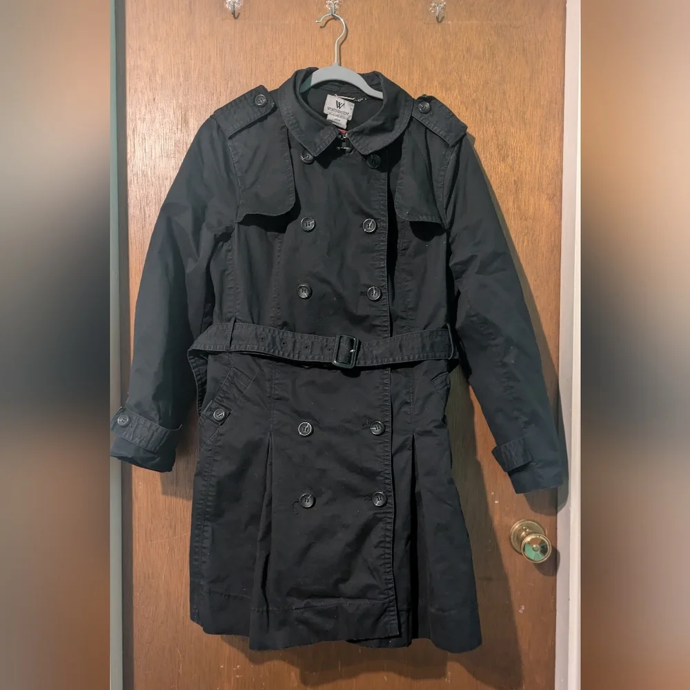 Women's Black Trench Coat Pea Coat Knee Length Worthington Size Large - Picture 1 of 11